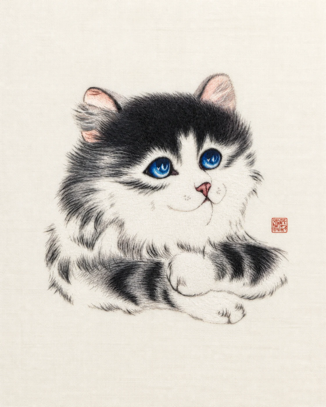 Blue-eyed cat embroidered by hand in split silk