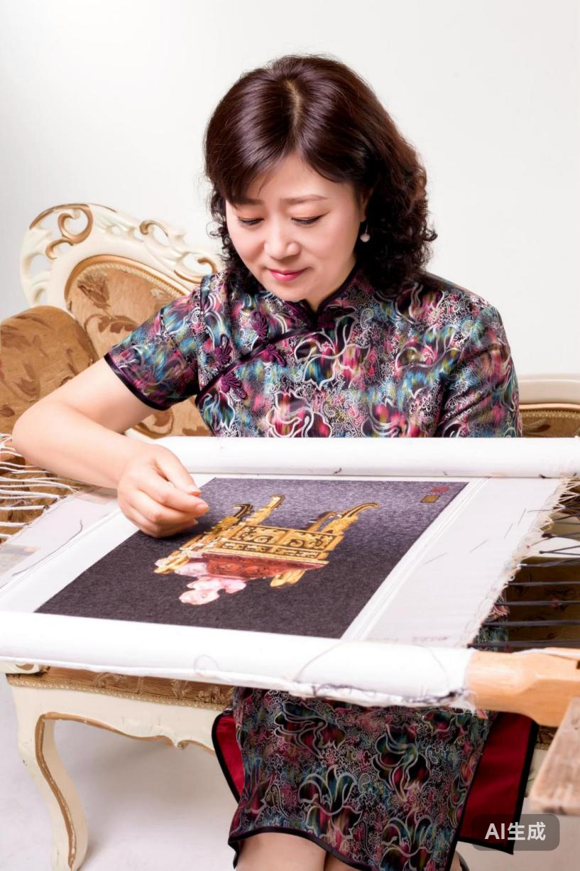 Master Lu Caifeng embroidering at her frame