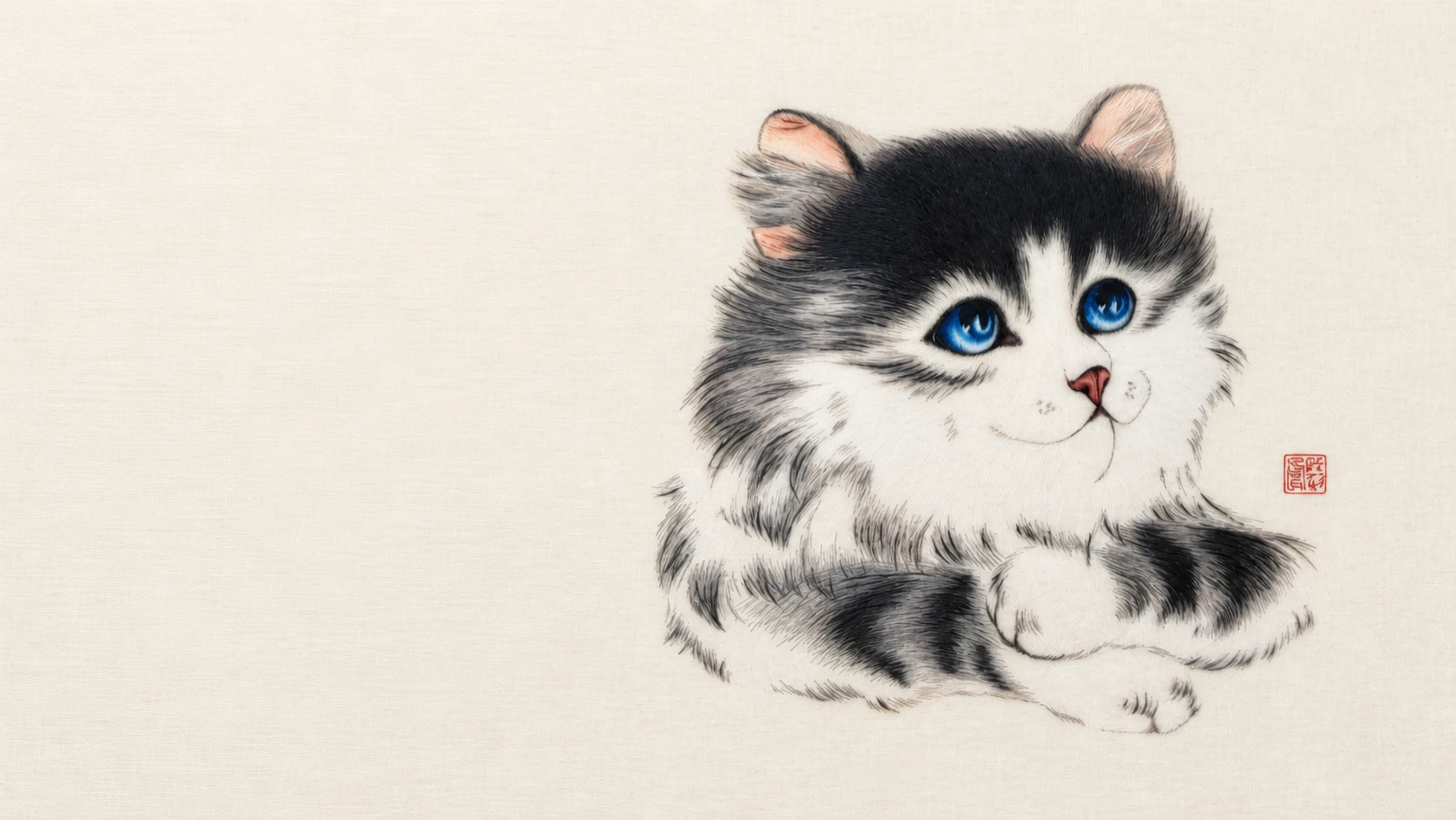 Blue-eyed cat portrait hand-embroidered in split silk