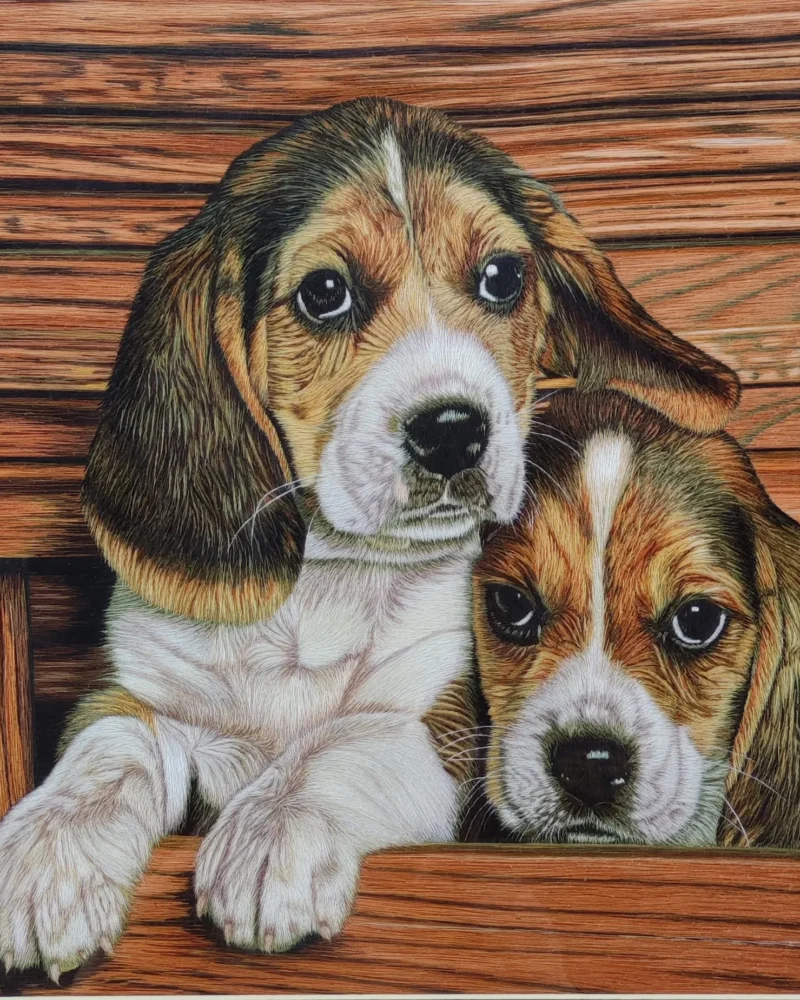 Two puppies hand-embroidered in fine silk for a Suzhou Threads portrait.